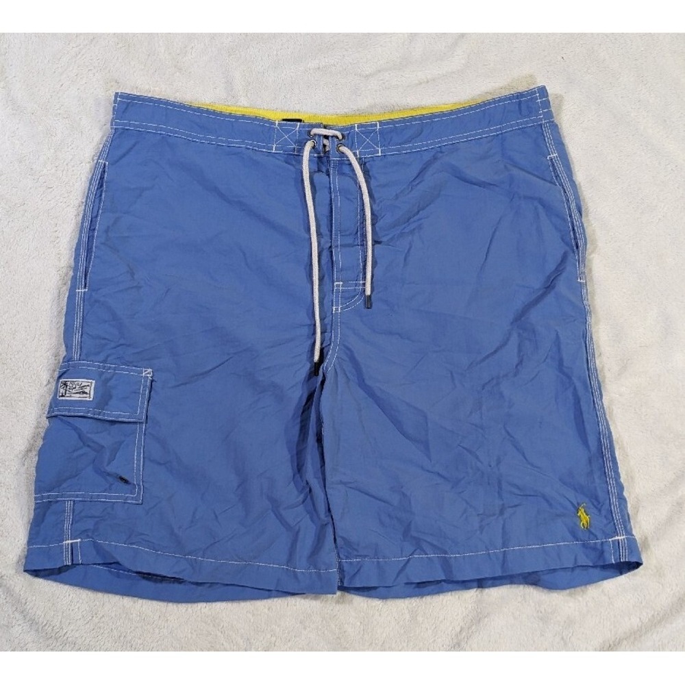 Polo Ralph Lauren Board Shorts Men's XL Blue Cargo Swim Trunks Yellow Pony Mesh